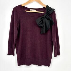 Loft Purple Wool Blend Black Bow Pullover Sweater Size M